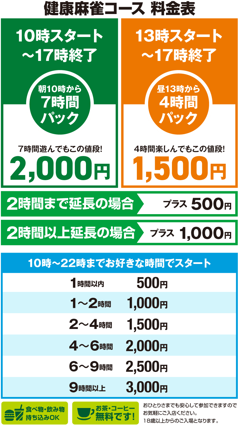 表町にある岡山健康麻雀の価格・コース料金表